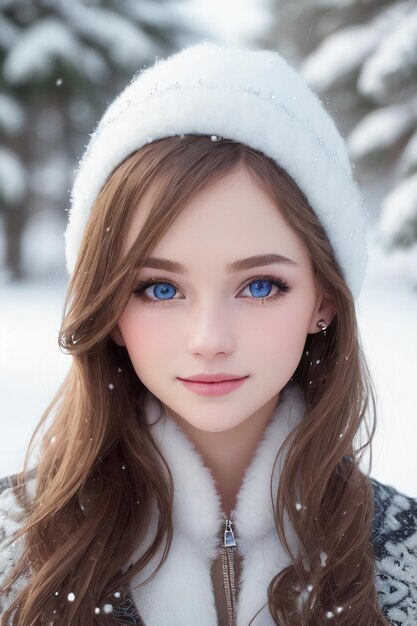 A girl with blue eyes in the snow