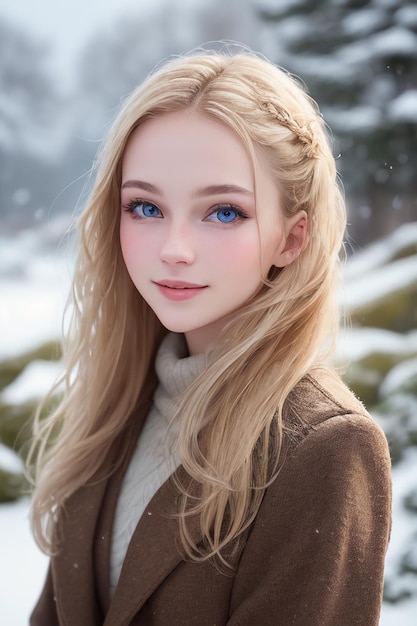 雪の中の青い目のある女の子