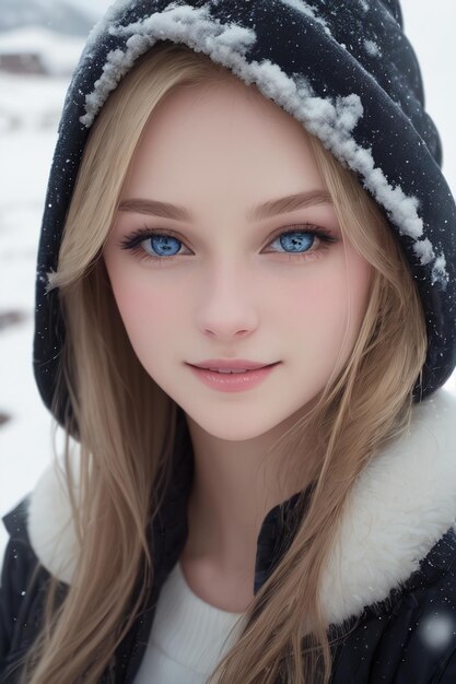 A girl with blue eyes in the snow