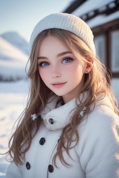Девушка с голубыми глазами в снегу