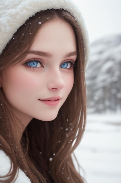 A girl with blue eyes in the snow