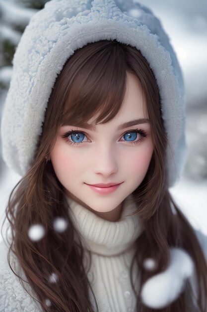 A girl with blue eyes in the snow