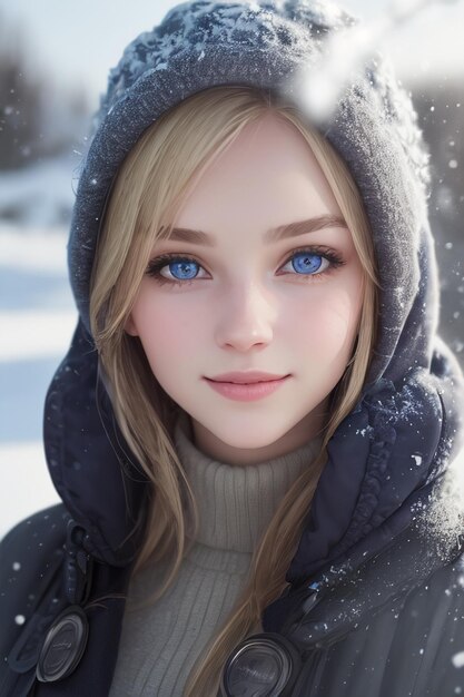 A girl with blue eyes in the snow