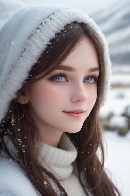 A girl with blue eyes in the snow