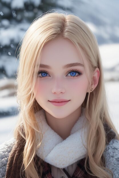 A girl with blue eyes in a snowy scene