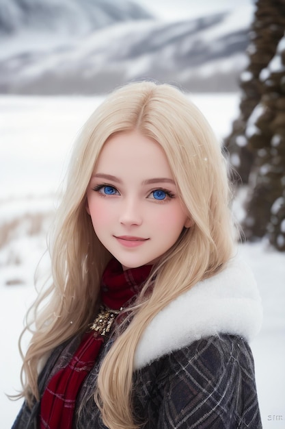 A girl with blue eyes stands in the snow.