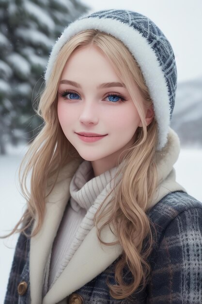 青い目を持つ女の子が雪の中に立っています