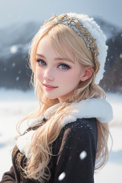 Photo a girl with blue eyes stands in the snow.