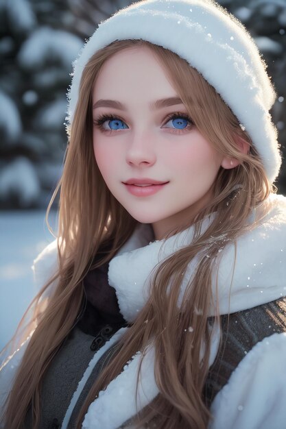 A girl with blue eyes in a white coat and a hat with the word winter on it