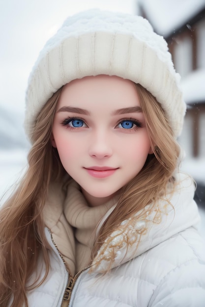 A girl with blue eyes in a white coat and a hat