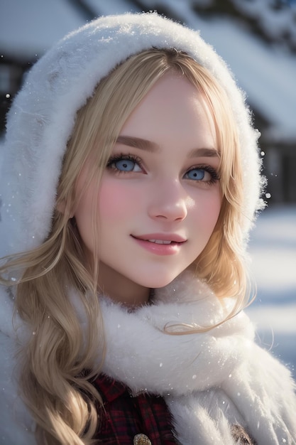 A girl with blue eyes and a white coat