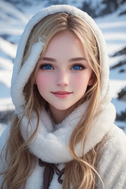 A girl with blue eyes and a white coat