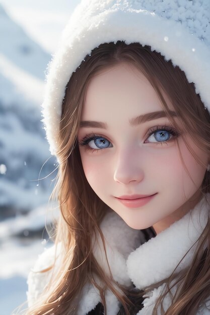 A girl with blue eyes in a white coat