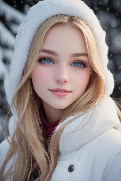 Девушка с голубыми глазами в белом пальто