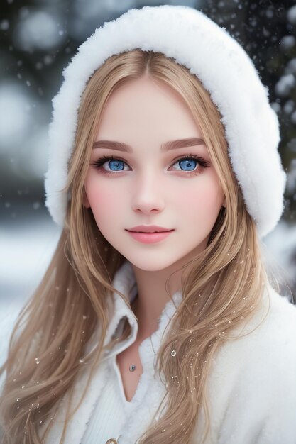 A girl with blue eyes in a white fur coat