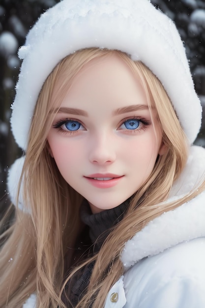 A girl with blue eyes and a white fur hat