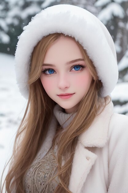 A girl with blue eyes in a white fur hat