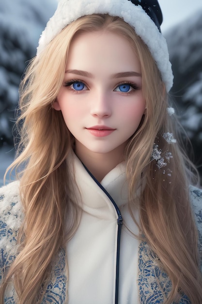 A girl with blue eyes and a white hat