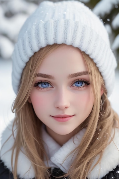 A girl with blue eyes in a white hat