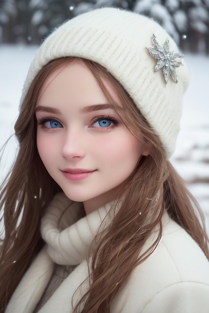 A girl with blue eyes and a white hat