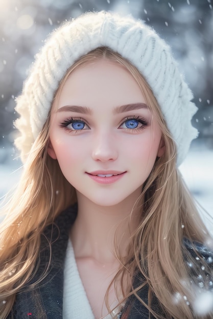 A girl with blue eyes and a white sweater