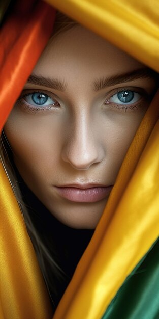 A girl with blue eyes and a yellow scarf