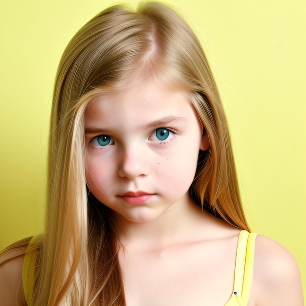 A girl with blue eyes and a yellow tank top.