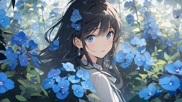 a girl with blue flowers in a forest