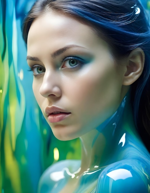 Girl with blue green liquid background