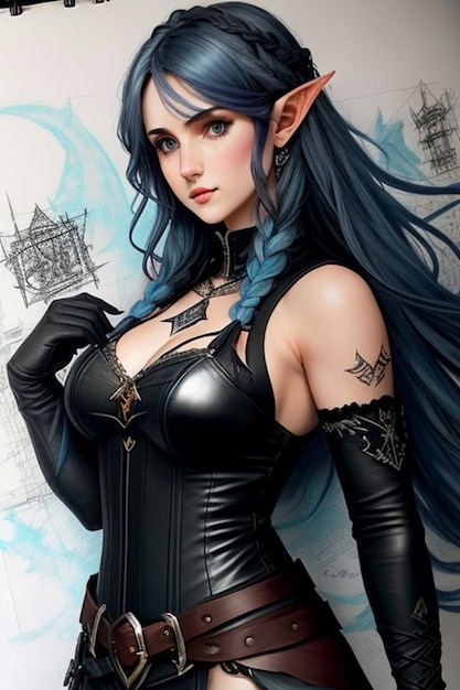 A girl with blue hair and a black cape.