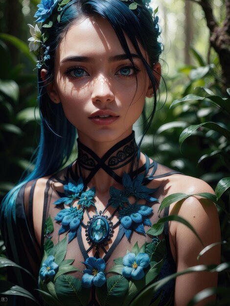 A girl with blue hair and blue eyes stands in a forest.