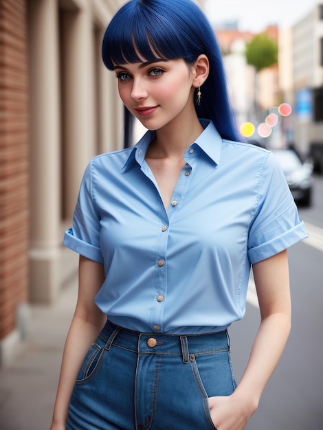 A girl with blue hair and blue eyes wears a blue shirt and a denim skirt.