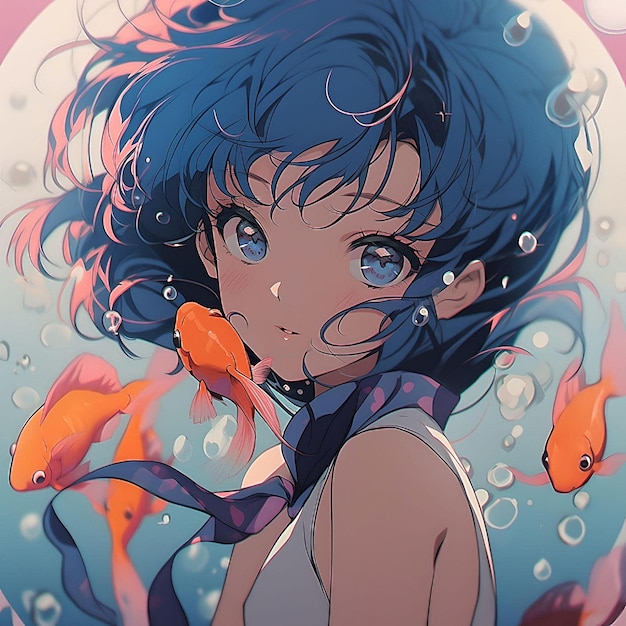 A girl with blue hair and blue hair is surrounded by goldfish.