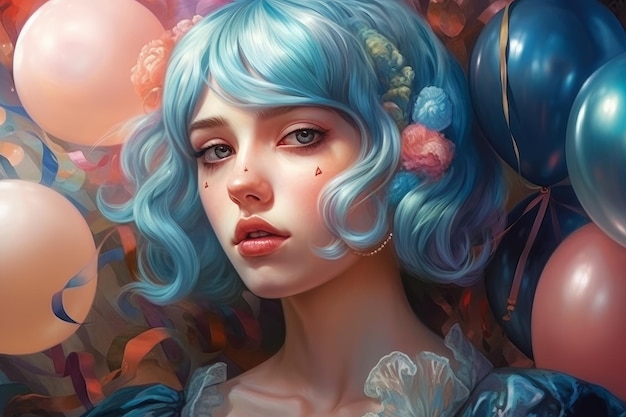 Девушка с синими волосами и синими волосами с красным сердцем на голове.