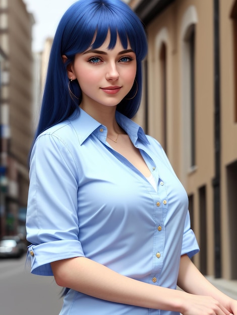 A girl with blue hair in a blue shirt