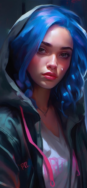 A girl with blue hair crying