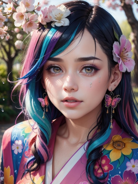 A girl with blue hair and a flower crown