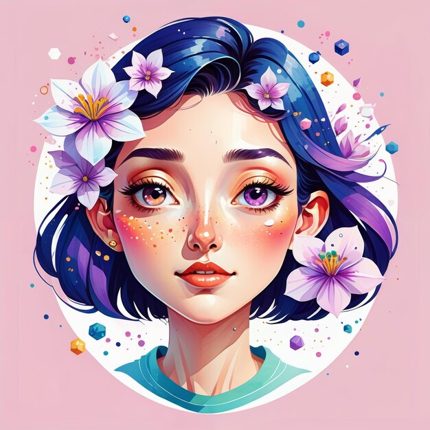 Girl With Blue Hair and Flowers in Her Hair Generative AI