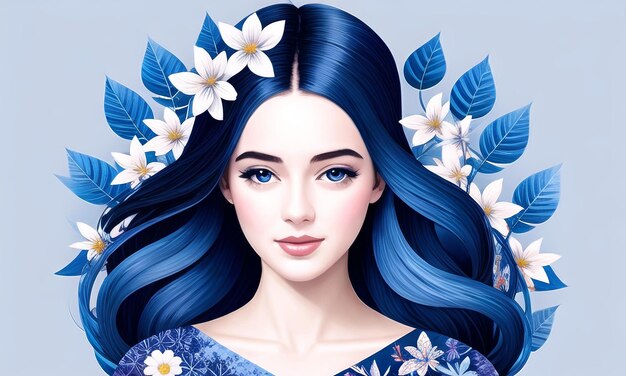 A girl with blue hair and flowers on her head