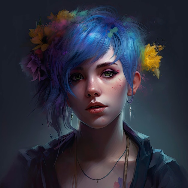 A girl with blue hair and freckles on her head