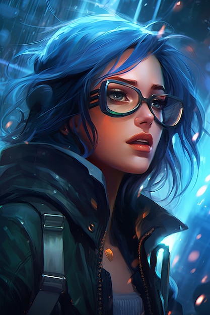 A girl with blue hair and glasses looks at the camera.