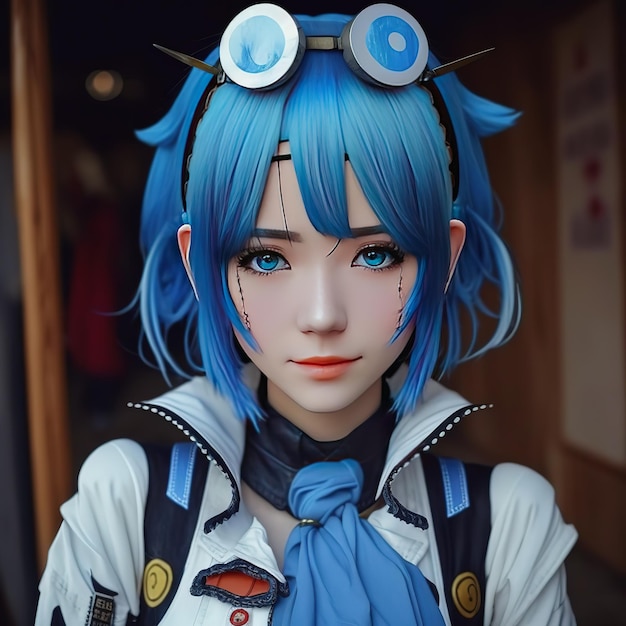 A girl with blue hair and glasses