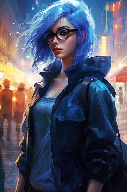 A girl with blue hair and glasses