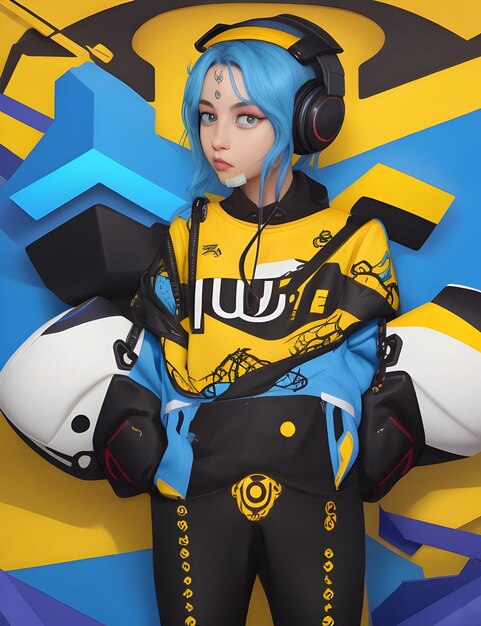 Photo a girl with blue hair and headphones is standing next to a yellow and blue background