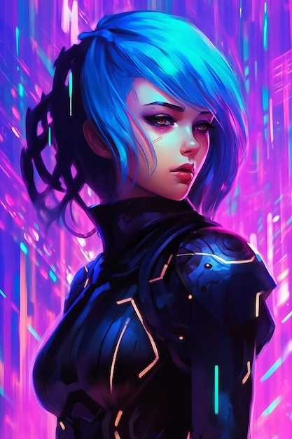 A girl with blue hair and a neon city background