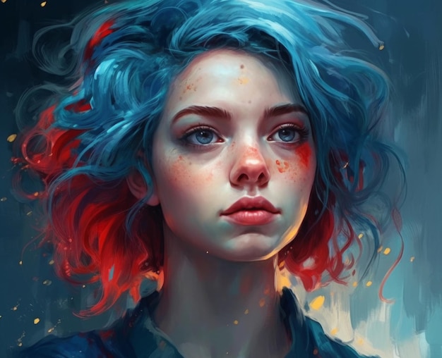 A girl with blue hair and red hair