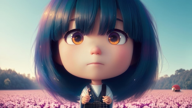 A girl with blue hair stands in a field of flowers.