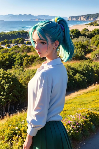 girl with blue hair and white shirt