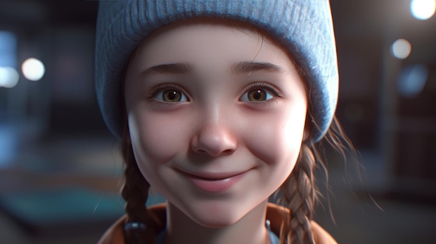 A girl with a blue hat and a blue beanie smiles at the camera.