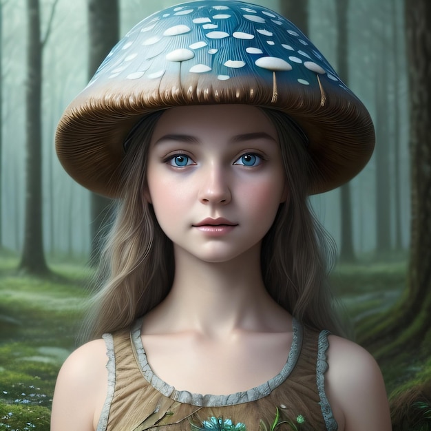 A girl with a blue hat and a mushroom on her head